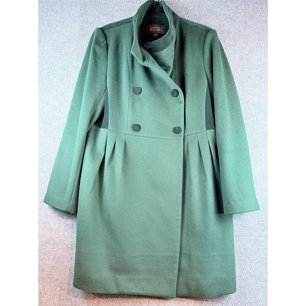 Badgley Mischka Womens Green Wool Double Breasted Pleated Flare Coat XL Velvet